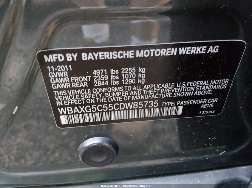 BMW 528I 2012 VIN WBAXG5C55CDW85735