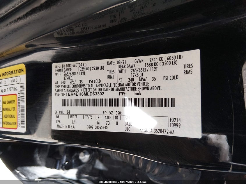 FORD RANGER 2021 VIN 1FTER4EH6MLD63392