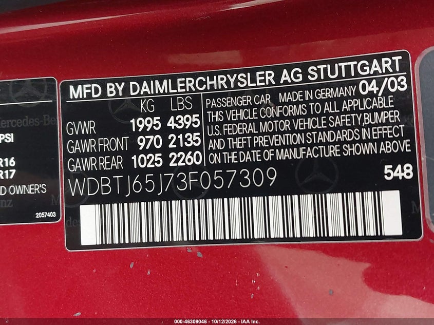 MERCEDES-BENZ CLK 320 2003 VIN WDBTJ65J73F057309