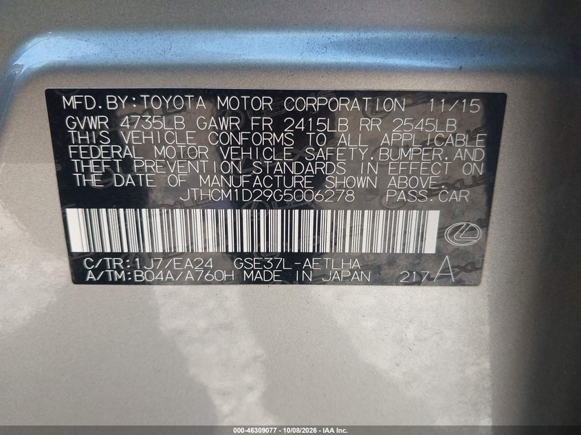 LEXUS IS 300 2016 VIN JTHCM1D29G5006278