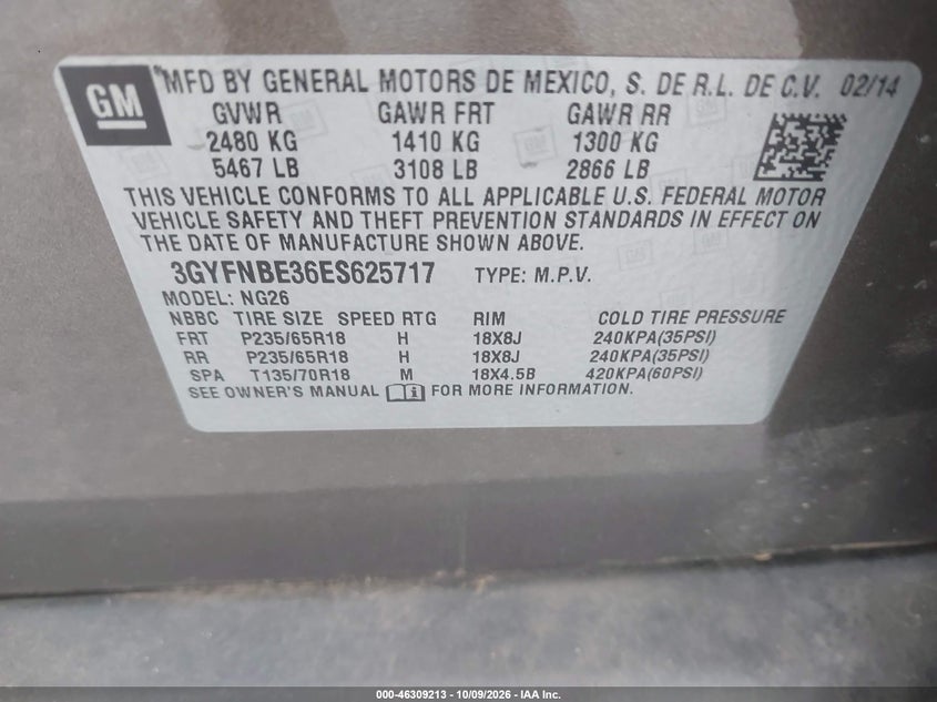 CADILLAC SRX 2014 VIN 3GYFNBE36ES625717