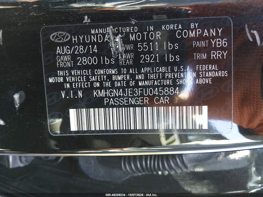 HYUNDAI GENESIS 2015 VIN KMHGN4JE3FU045884