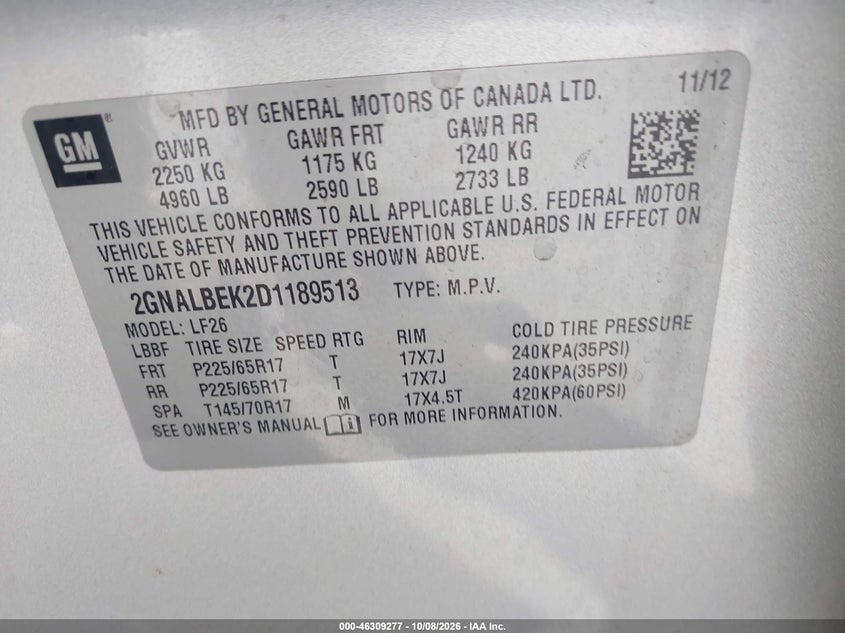CHEVROLET EQUINOX 2013 VIN 2GNALBEK2D1189513