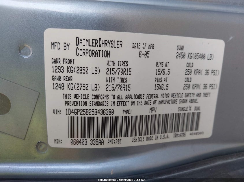 DODGE CARAVAN 2005 VIN 1D4GP25B25B436380