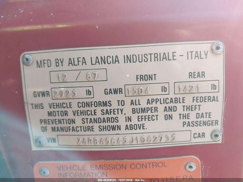 ALFA-ROMEO SPIDER 1988 VIN ZARBA5645J1062735