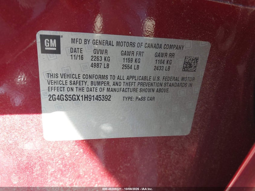 BUICK REGAL 2017 VIN 2G4GS5GX1H9145392