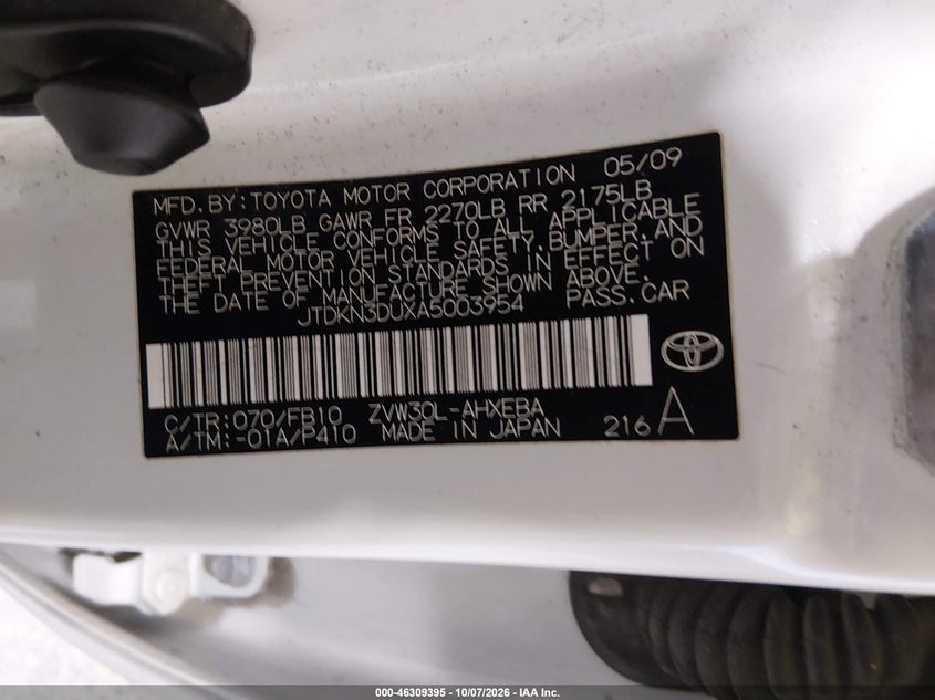 TOYOTA PRIUS 2010 VIN JTDKN3DUXA5003954