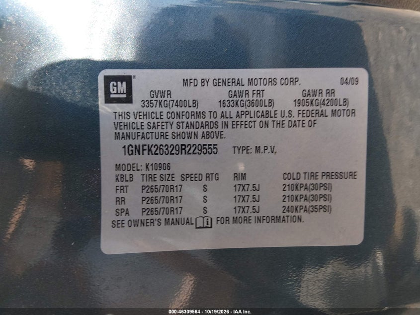 CHEVROLET SUBURBAN 1500 2009 VIN 1GNFK26329R229555