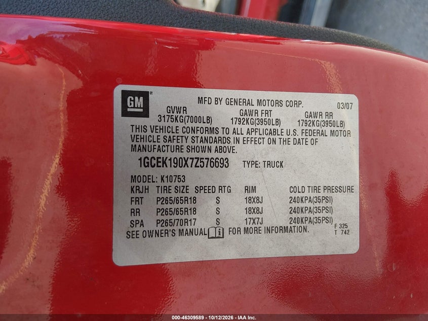 CHEVROLET SILVERADO 1500 2007 VIN 1GCEK190X7Z576693
