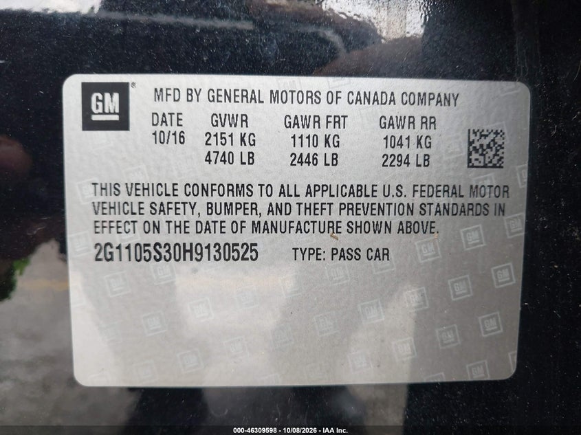 CHEVROLET IMPALA 2017 VIN 2G1105S30H9130525