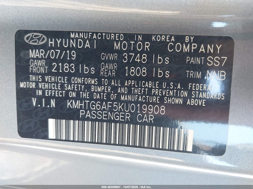 HYUNDAI VELOSTER 2019 VIN KMHTG6AF5KU019908