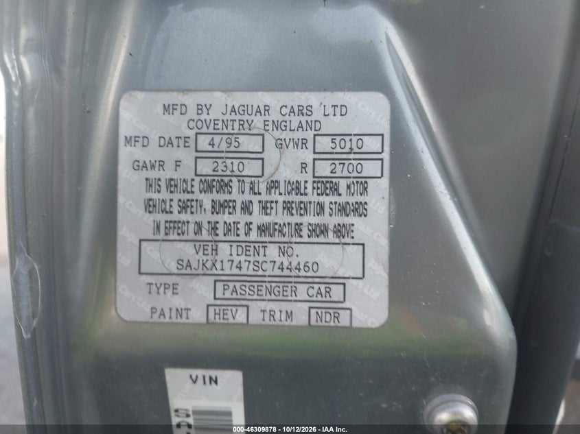 JAGUAR VANDENPLAS 1995 VIN SAJKX1747SC744460