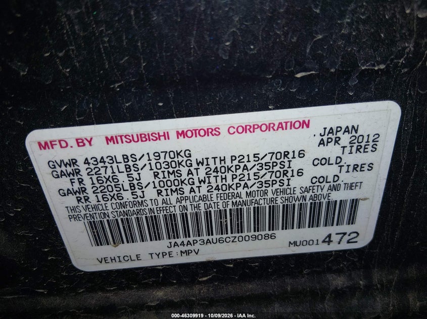 MITSUBISHI OUTLANDER SPORT 2012 VIN JA4AP3AU6CZ009086