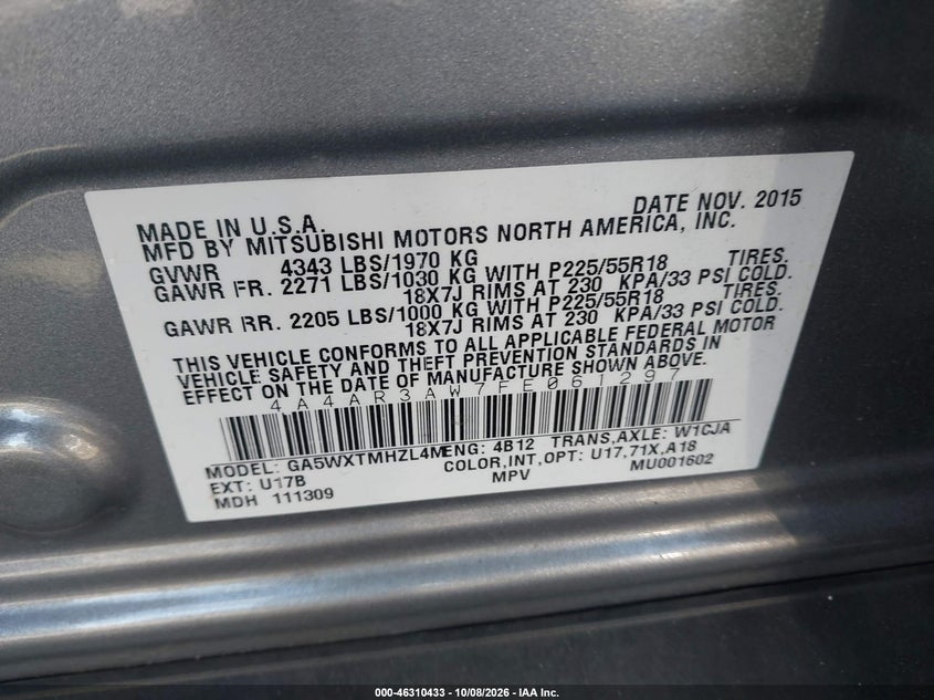 MITSUBISHI OUTLANDER SPORT 2015 VIN 4A4AR3AW7FE061297