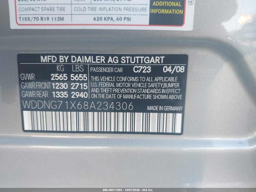 MERCEDES-BENZ S 550 2008 VIN WDDNG71X68A234306