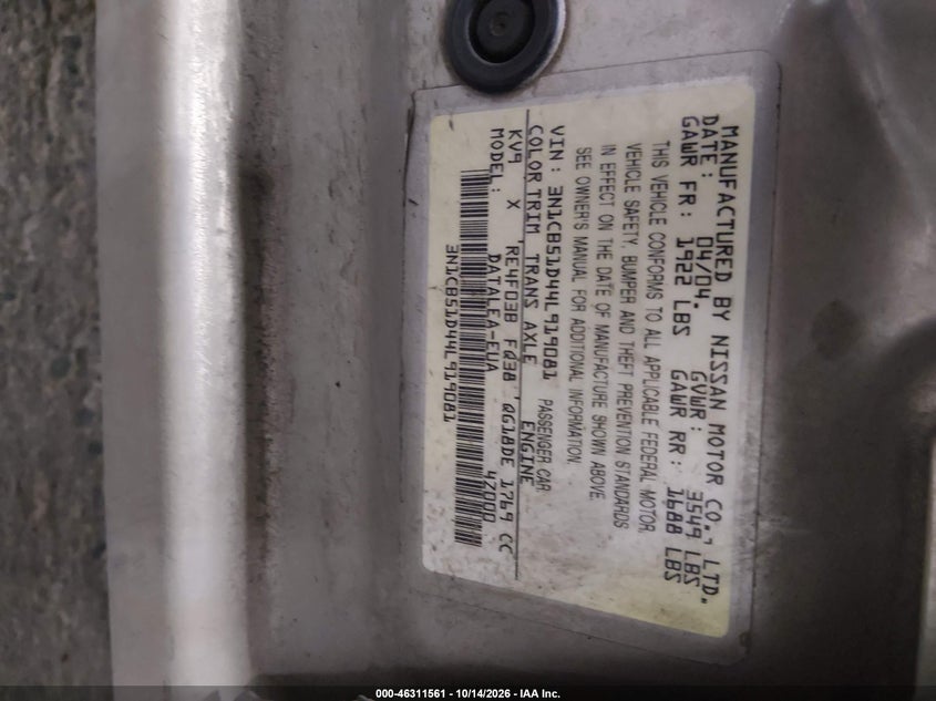 NISSAN SENTRA 2004 VIN 3N1CB51D44L919081