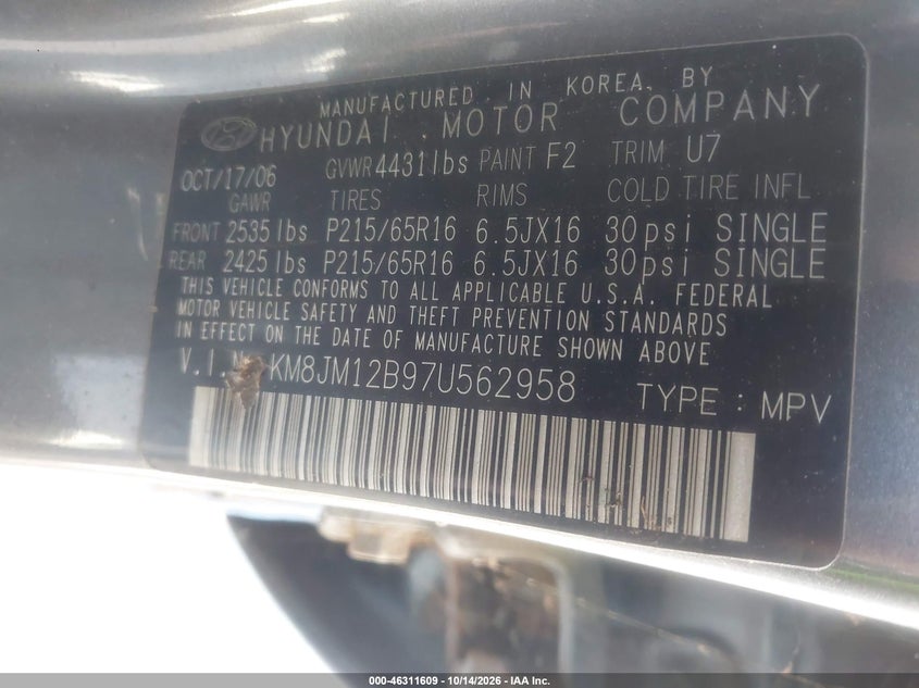 HYUNDAI TUCSON 2007 VIN KM8JM12B97U562958