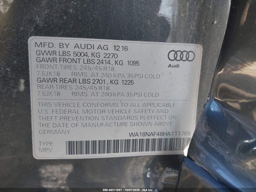 AUDI A4 ALLROAD 2017 VIN WA18NAF48HA111769