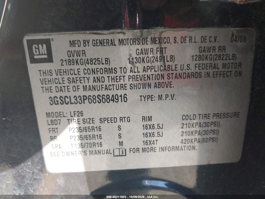 SATURN VUE 2008 VIN 3GSCL33P68S684916