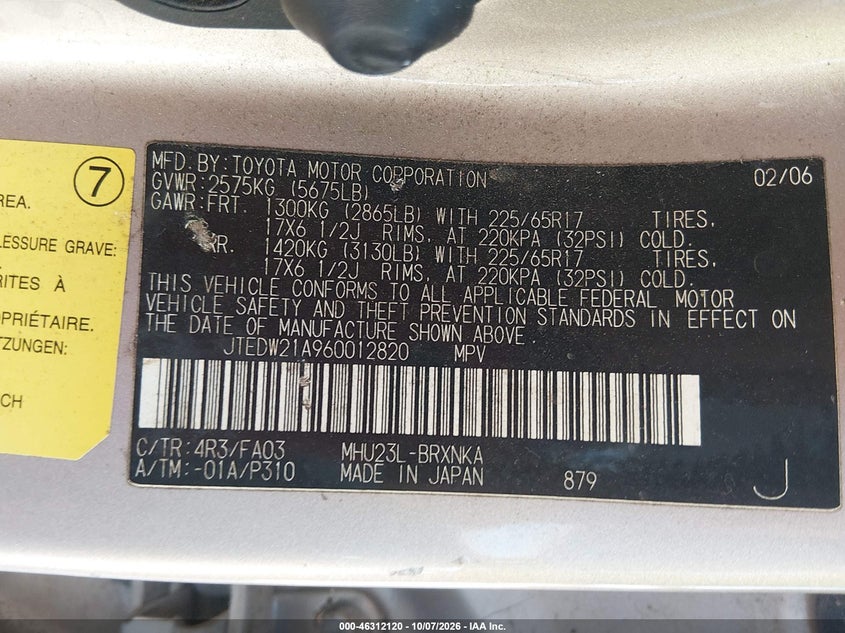 TOYOTA HIGHLANDER HYBRID 2006 VIN JTEDW21A960012820