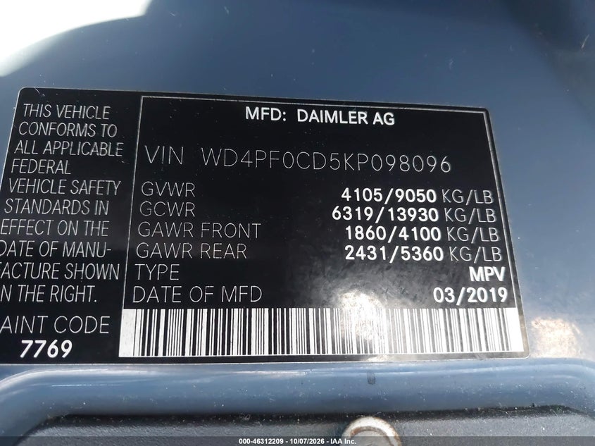 MERCEDES-BENZ SPRINTER 2500 2019 VIN WD4PF0CD5KP098096