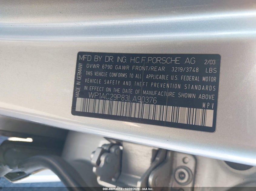 PORSCHE CAYENNE 2003 VIN WP1AC29P83LA90376
