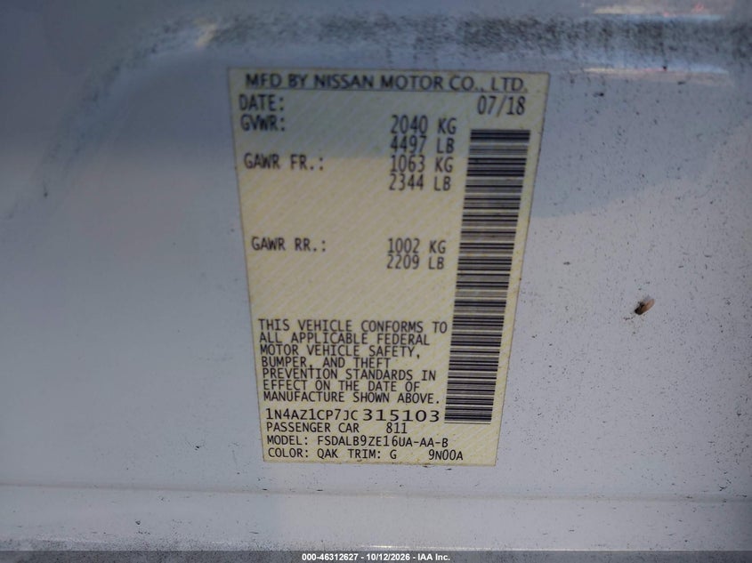 NISSAN LEAF 2018 VIN 1N4AZ1CP7JC315103