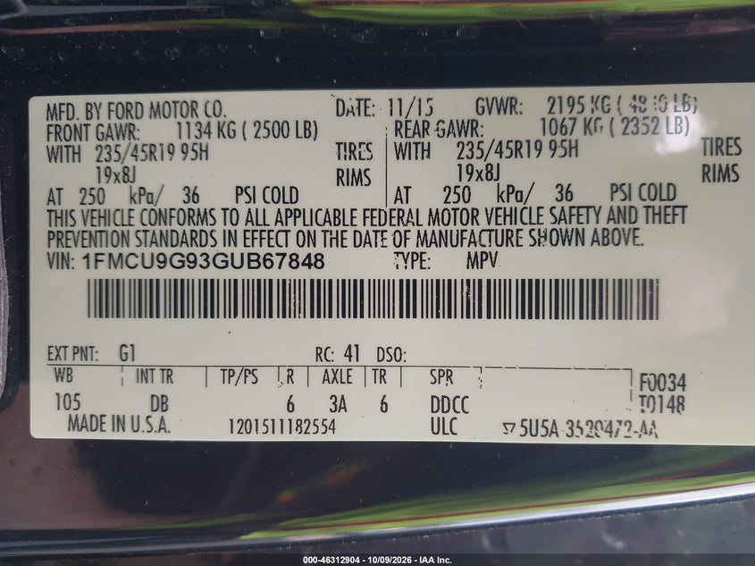 FORD ESCAPE 2016 VIN 1FMCU9G93GUB67848