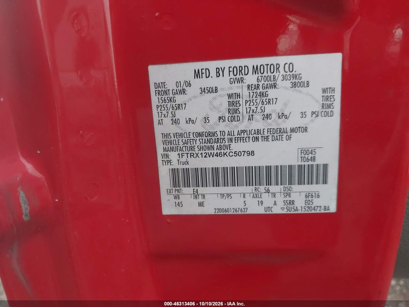 FORD F-150 2006 VIN 1FTRX12W46KC50798