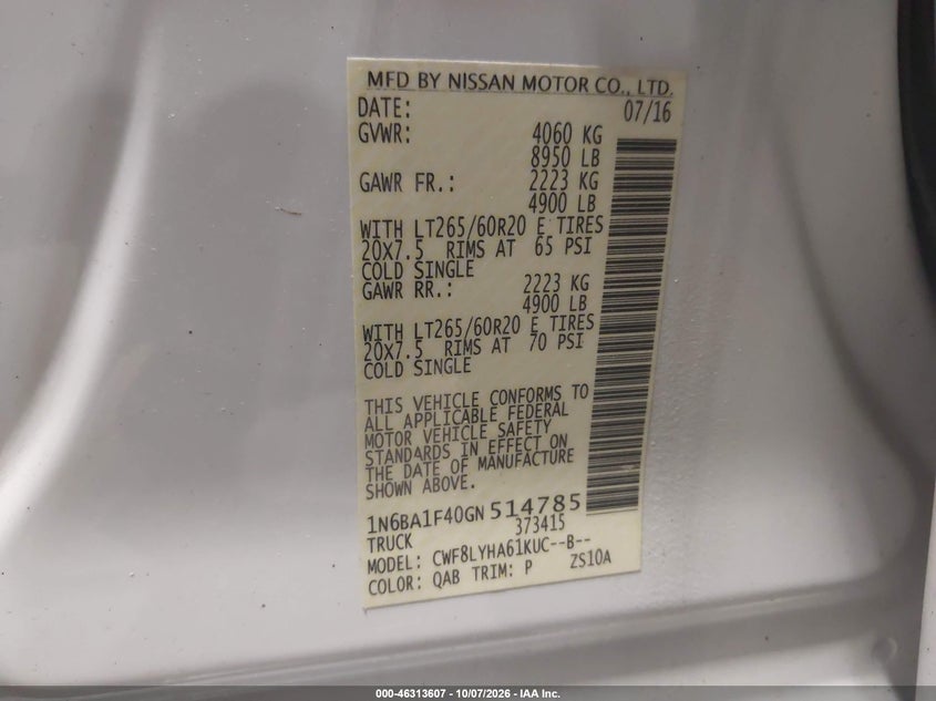 NISSAN TITAN XD 2016 VIN 1N6BA1F40GN514785