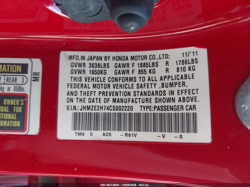 HONDA INSIGHT 2012 VIN JHMZE2H74CS002220