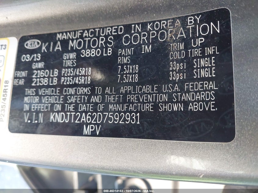 KIA SOUL 2013 VIN KNDJT2A62D7592931