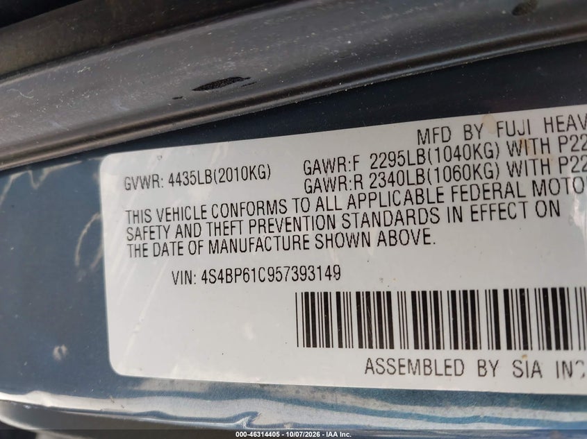 SUBARU OUTBACK 2005 VIN 4S4BP61C957393149