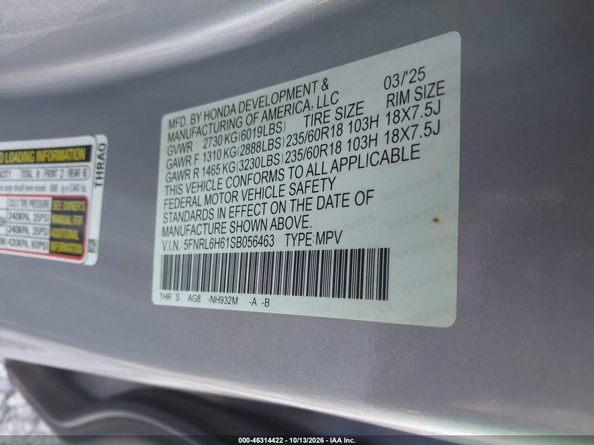 HONDA ODYSSEY 2025 VIN 5FNRL6H61SB056463