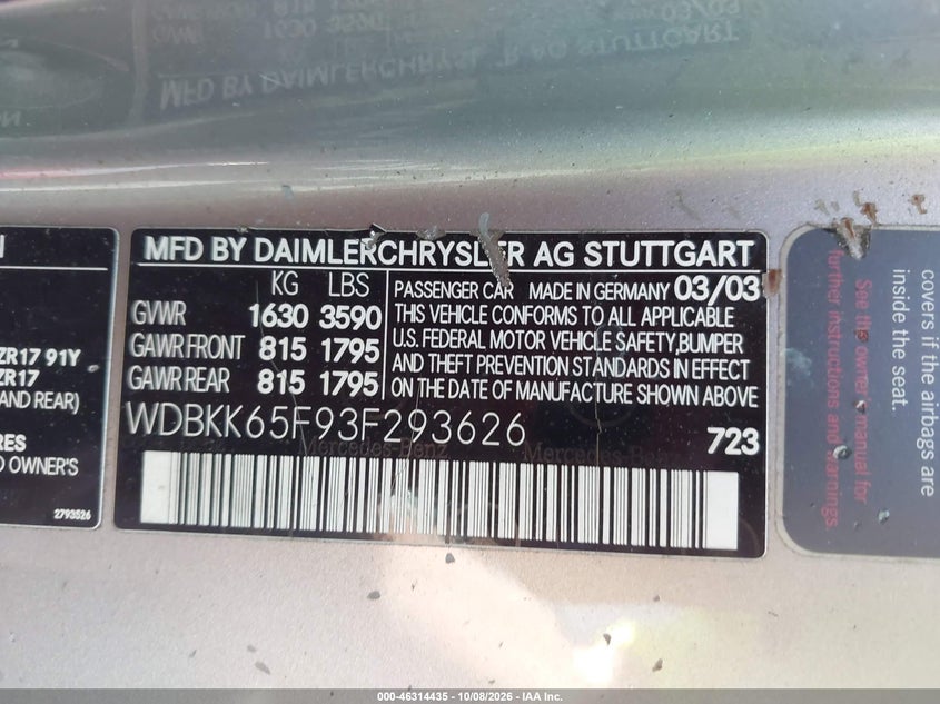 MERCEDES-BENZ SLK 320 2003 VIN WDBKK65F93F293626