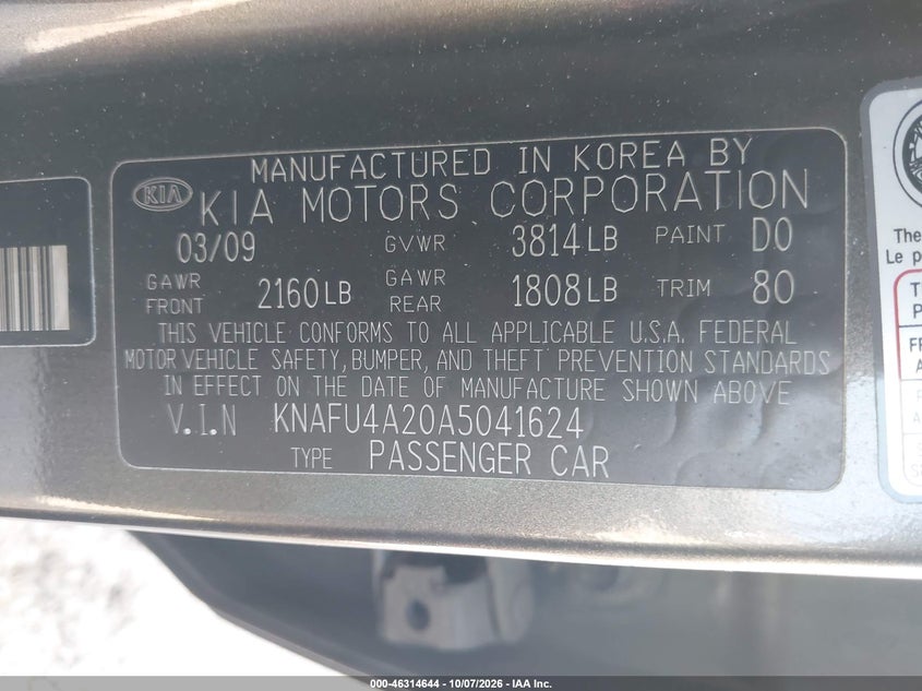 KIA FORTE 2010 VIN KNAFU4A20A5041624
