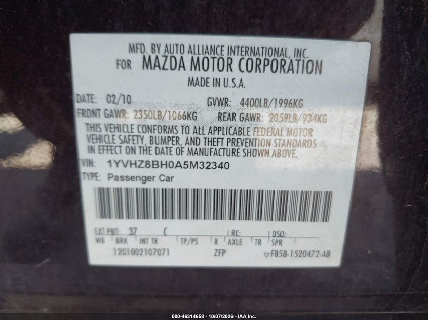 MAZDA MAZDA6 2010 VIN 1YVHZ8BH0A5M32340