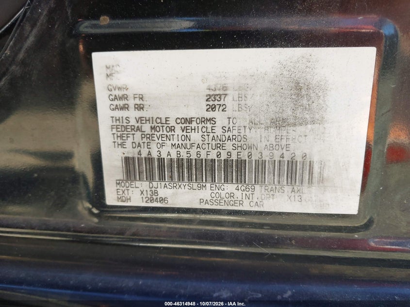 MITSUBISHI GALANT 2009 VIN 4A3AB56F09E039420