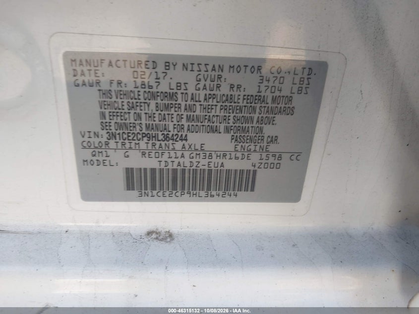 NISSAN VERSA NOTE 2017 VIN 3N1CE2CP9HL364244