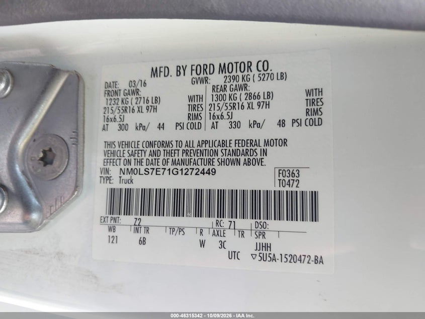 FORD TRANSIT CONNECT 2016 VIN NM0LS7E71G1272449
