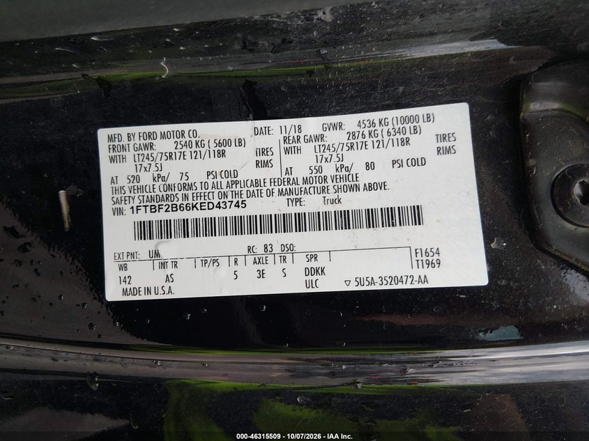 FORD F-250 2019 VIN 1FTBF2B66KED43745