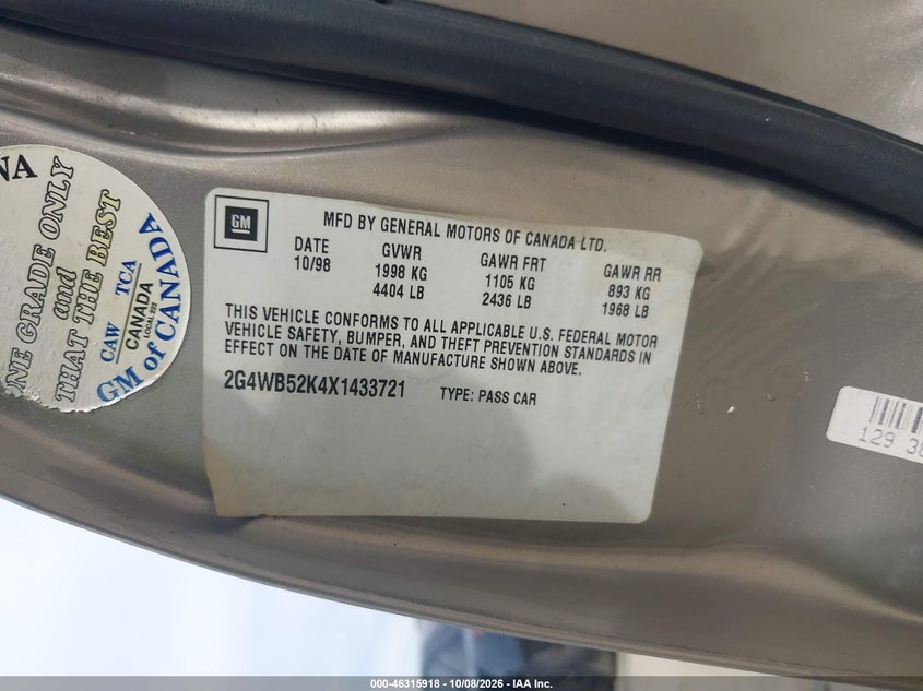BUICK REGAL 1999 VIN 2G4WB52K4X1433721