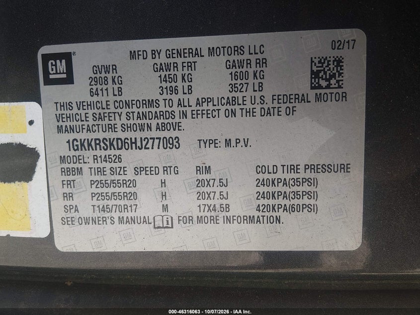 GMC ACADIA LIMITED 2017 VIN 1GKKRSKD6HJ277093