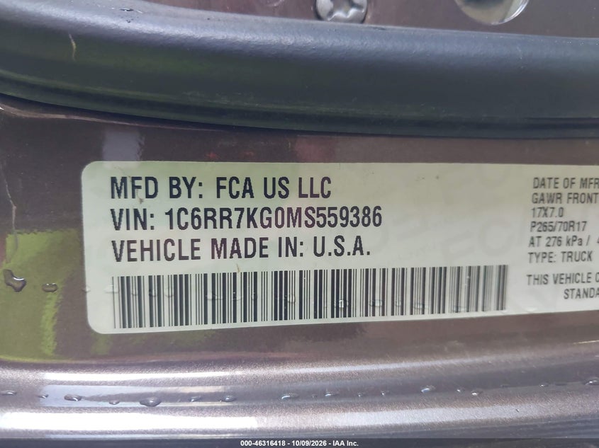 RAM 1500 CLASSIC 2021 VIN 1C6RR7KG0MS559386