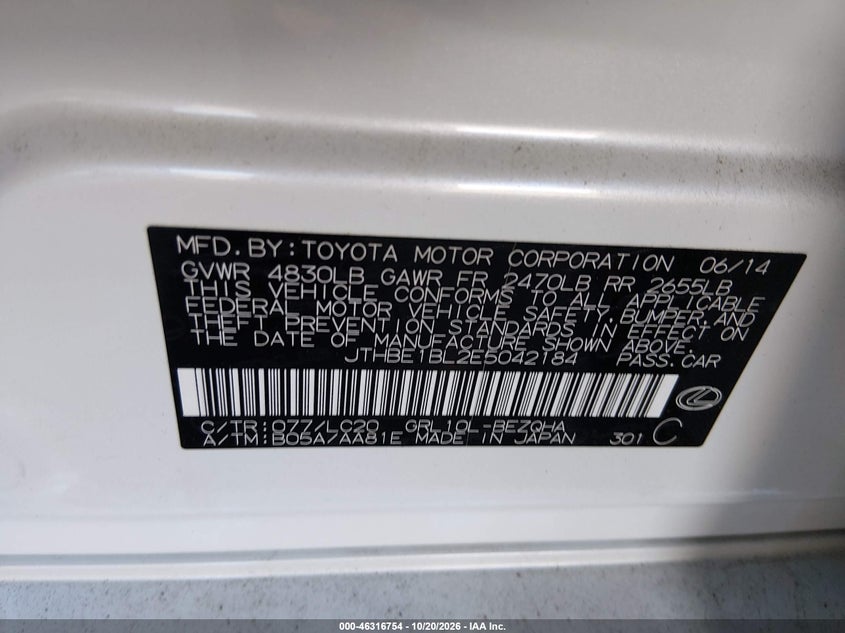 LEXUS GS 350 2014 VIN JTHBE1BL2E5042184