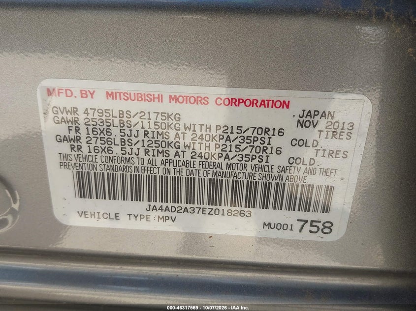 MITSUBISHI OUTLANDER 2014 VIN JA4AD2A37EZ018263