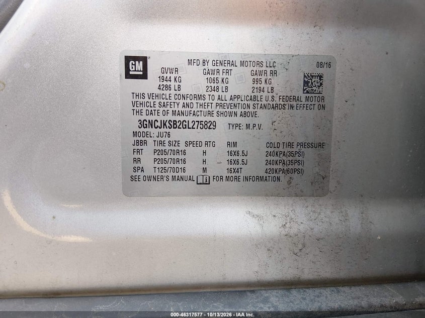 CHEVROLET TRAX 2016 VIN 3GNCJKSB2GL275829