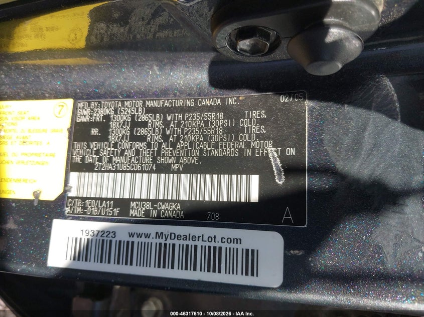 LEXUS RX 330 2005 VIN 2T2HA31U85C061074