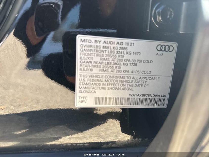 AUDI Q7 2022 VIN WA1AXBF75ND004166