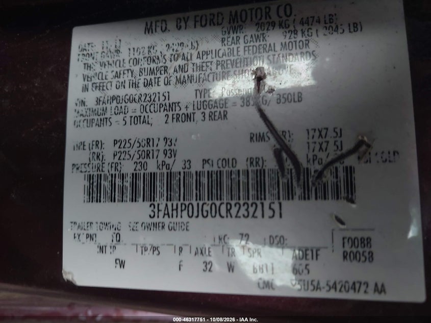 FORD FUSION 2012 VIN 3FAHP0JG0CR232151